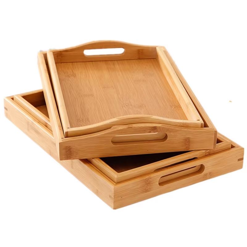 Wide Bamboo Organizer Tray Storage Bin With Handles