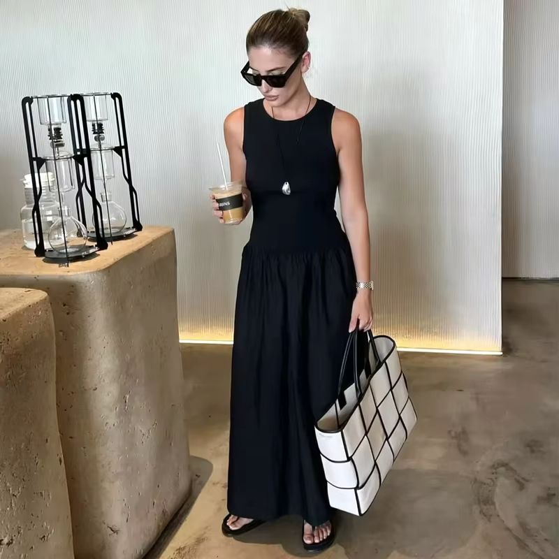 Elegant Sleeveless Long Dress for Women – 2025 Spring Fashion Casual Party Dress in Black & Khaki
