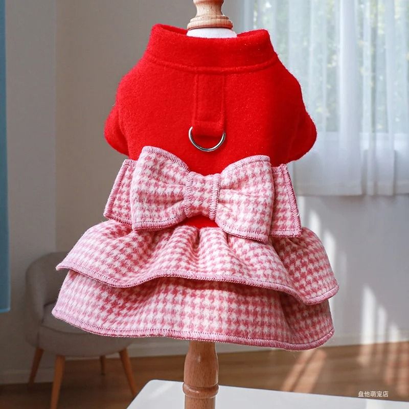 Cozy Red Princess Pet Dress with Traction Buckle for Autumn and Winter