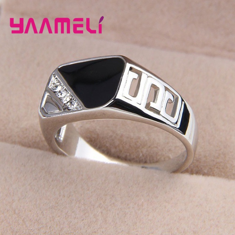 925 Sterling Silver Plated Men's Wide Band Ring with Black & White Rhinestone Square - Unique Statement Hip Hop Jewelry