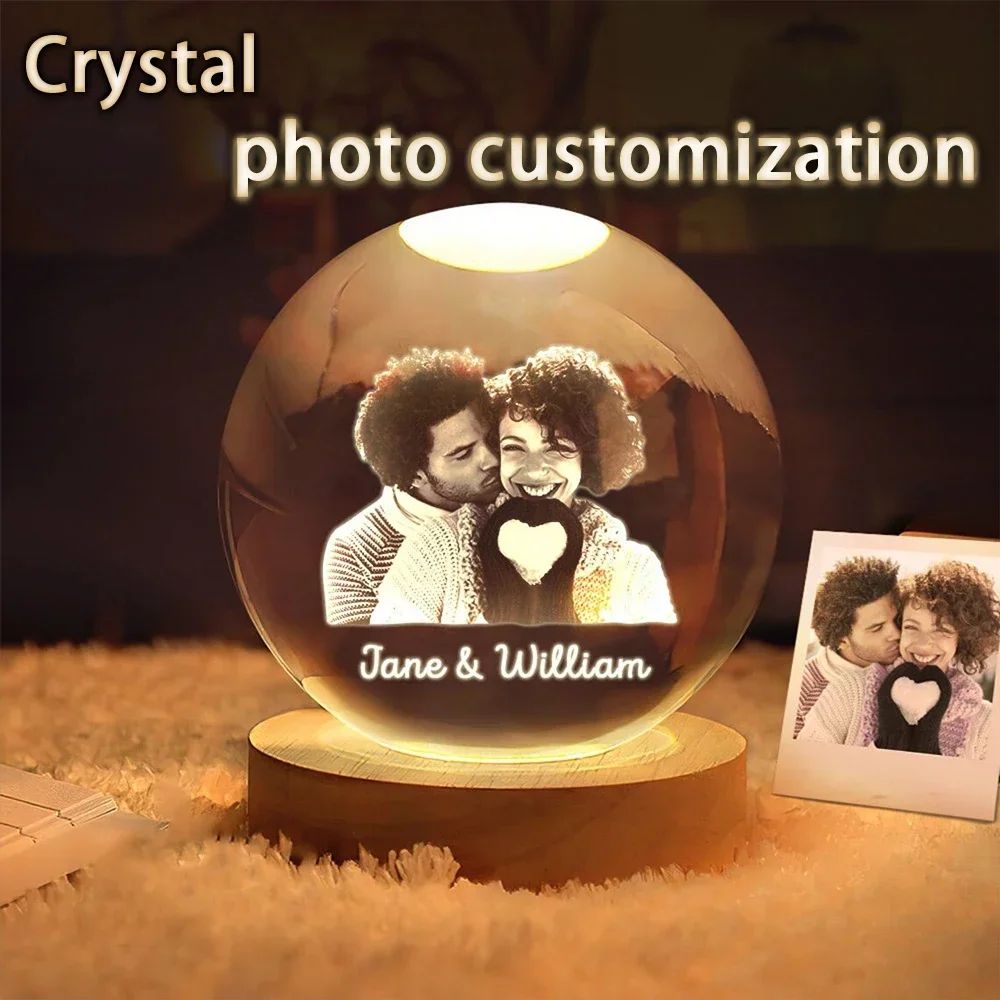 Custom LED Crystal Ball Photo Night Light Personalized Memory Gift for Bedroom Decor