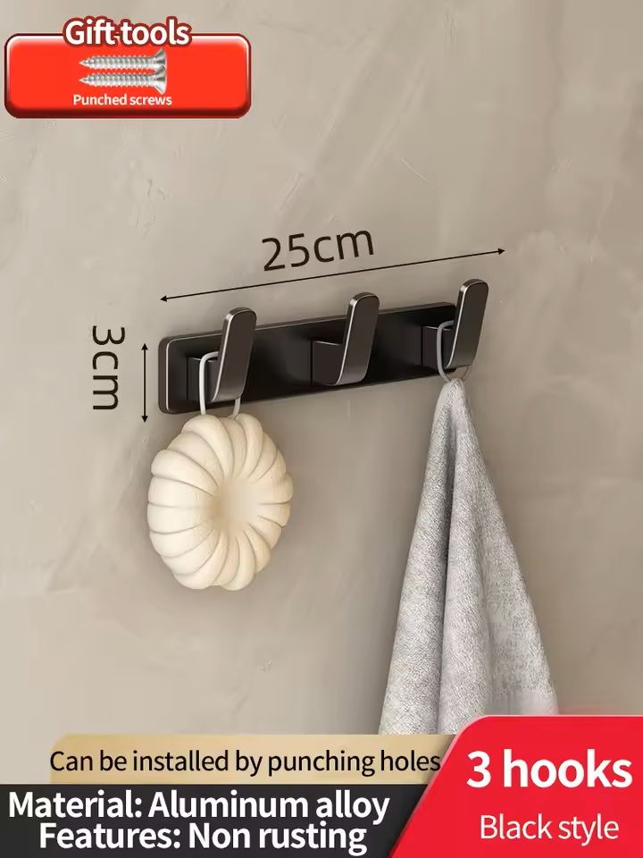 No-Drill Aluminum Wall Hook Organizer Rack for Kitchen & Bathroom