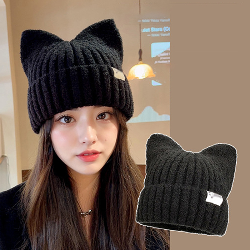 Sweet Cat Ears Beanies For Women Winter Warm Ear Protection Autumn Pullover Knitted Hats Versatile