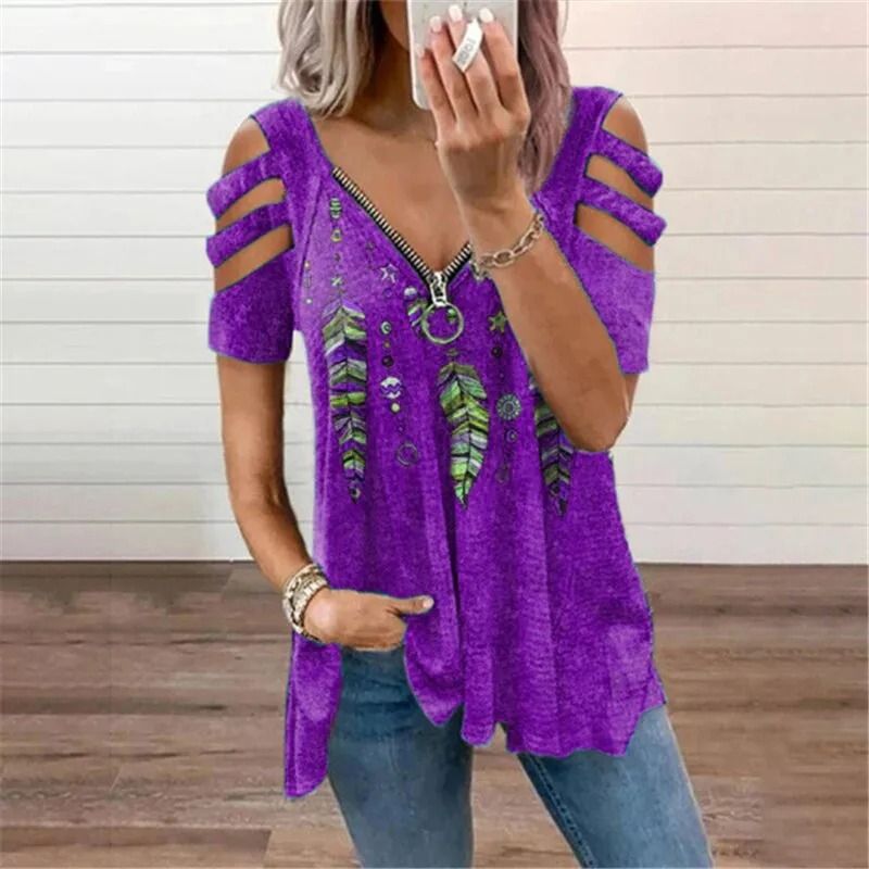 Summer Cold Shoulder Leopard Print Zipper V Neck Loose Casual Blouse