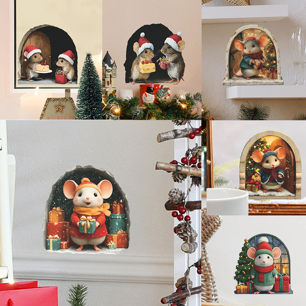 Cute Christmas Small Mouse Wall Stickers, Xmas Decoration For Home, Merry Christmas Noel Navidad Decor Happy New Year