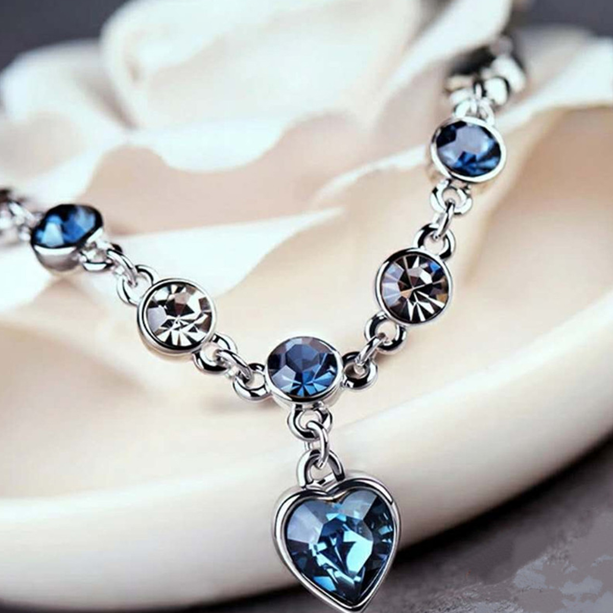 Blue Crystal Heart Charm Bracelet for Women, Silver Color Lucky Pulseras Bracelet, Bridal Wedding Engagement