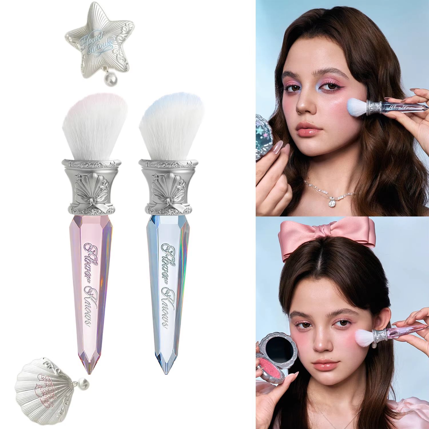 Flower Knows Shell's Jewel Angled Blush Brush Crystal Handle Contour & Highlight Makeup Brush Vegan Cruelty Free Beauty