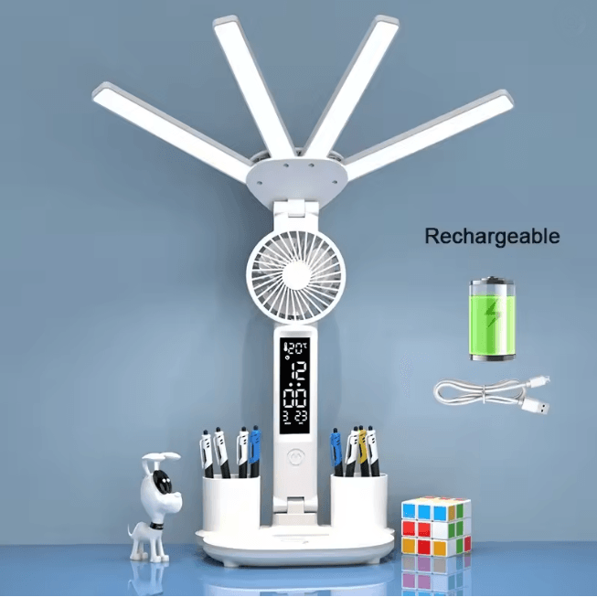 Multifunction LED Desk Lamp with Fan Clock and USB Charging Folding Table Light