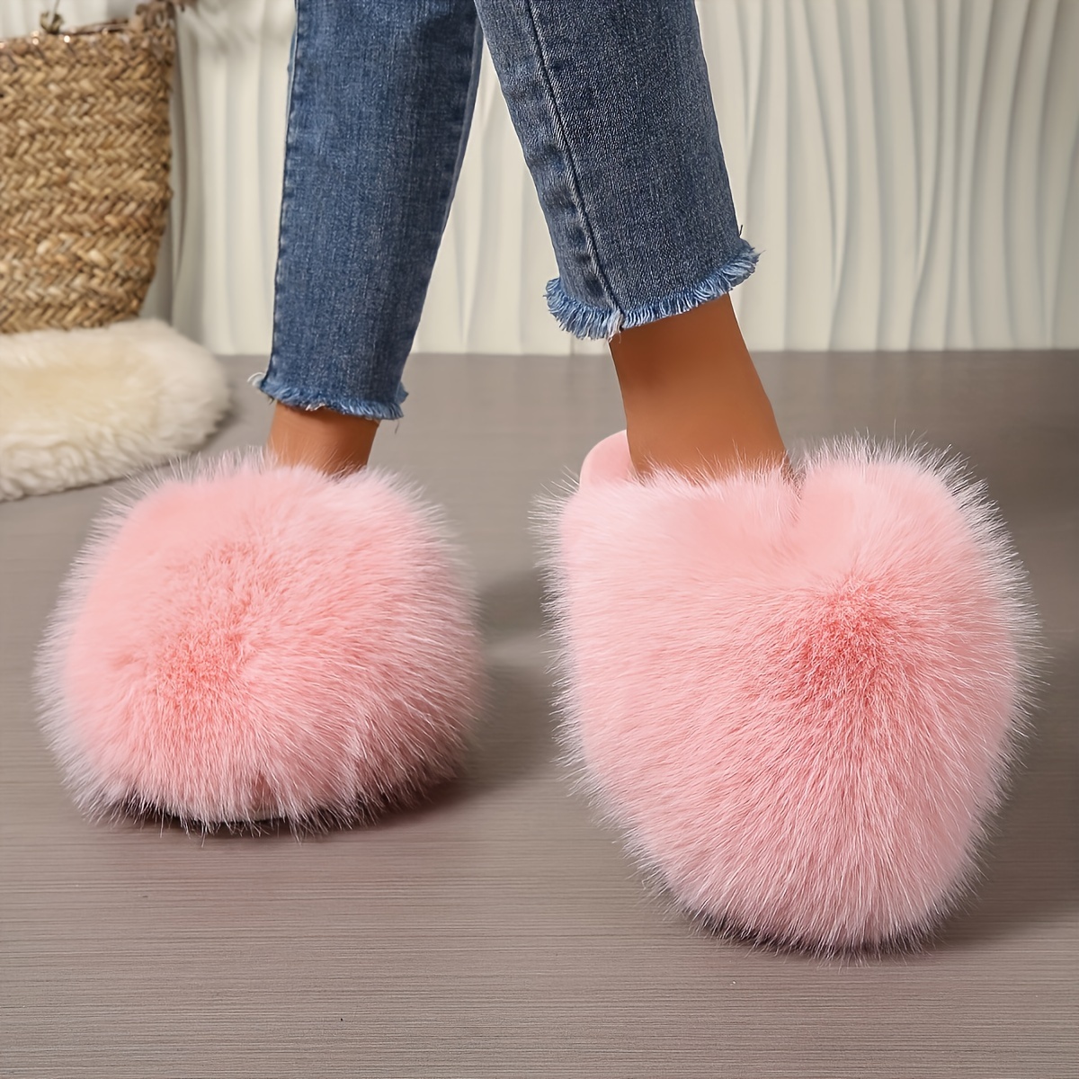 Korean Style Faux Fur Slippers for Women, Pure Color Warm House Shoes, Indoor Outdoor Flat Non Slip Comfort Footwear