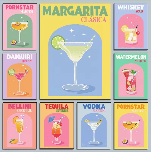 Colorful Cocktail Canvas Posters Trendy Bar Cart & Whiskey Wall Art Prints