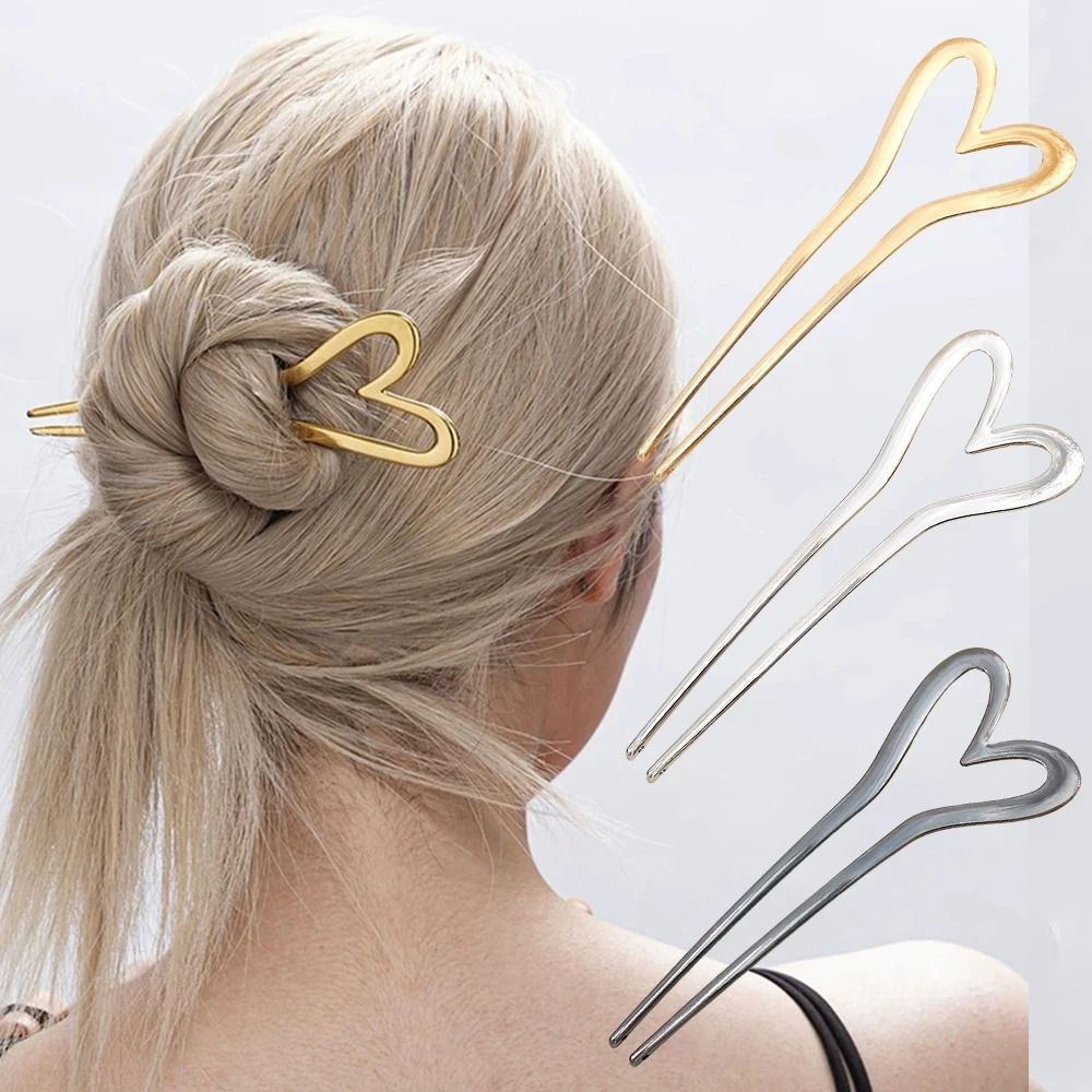 Metal Heart Hair Fork U Shape Hairpin for Women