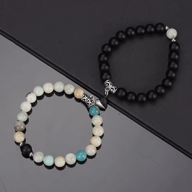 LavaLove 2-Pcs Beaded Couple Bracelets Set – Natural Stone Heart Magnetic Distance Bracelets Gift