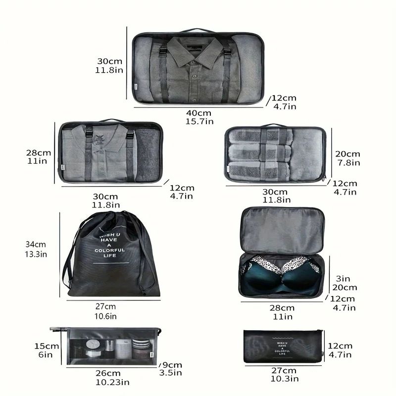 7 Pcs Travel Packing Cubes Set – Luggage Organizer Bags for Clothes, Underwear & Shoes, Lightweight Suitcase Storage S