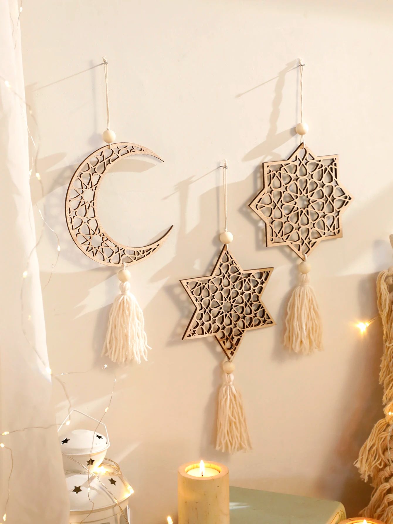 Wooden Ramadan wall decor with Tassels for Eid Mubarak Celebrations