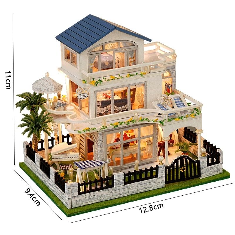 DIY Wooden Mini Seaside Villa Dollhouse Kit with Furniture and LED Lights