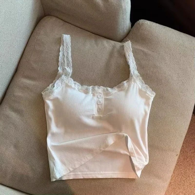 Sexy White Lace Knit Crop Tank Top with Built-In Chest Pad – Y2K Sleeveless Slim Fit Camisole