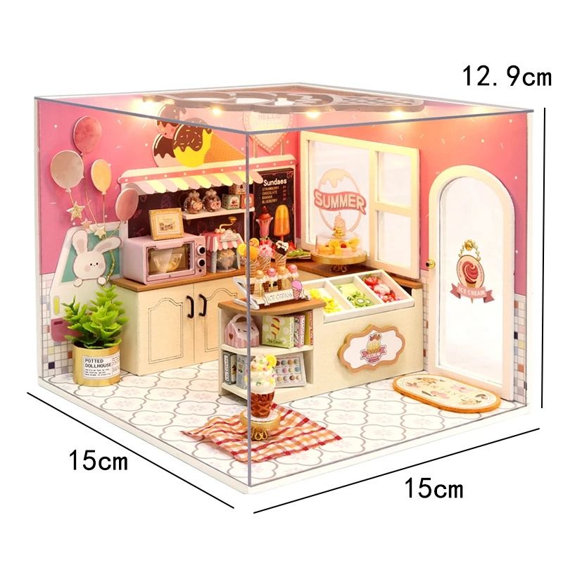 DIY Wooden Mini Dollhouse with Furniture and LED Lights