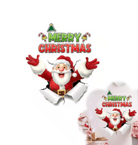 3D Christmas Santa Claus Wall Sticker Break Through Wall Holiday Decor Decal