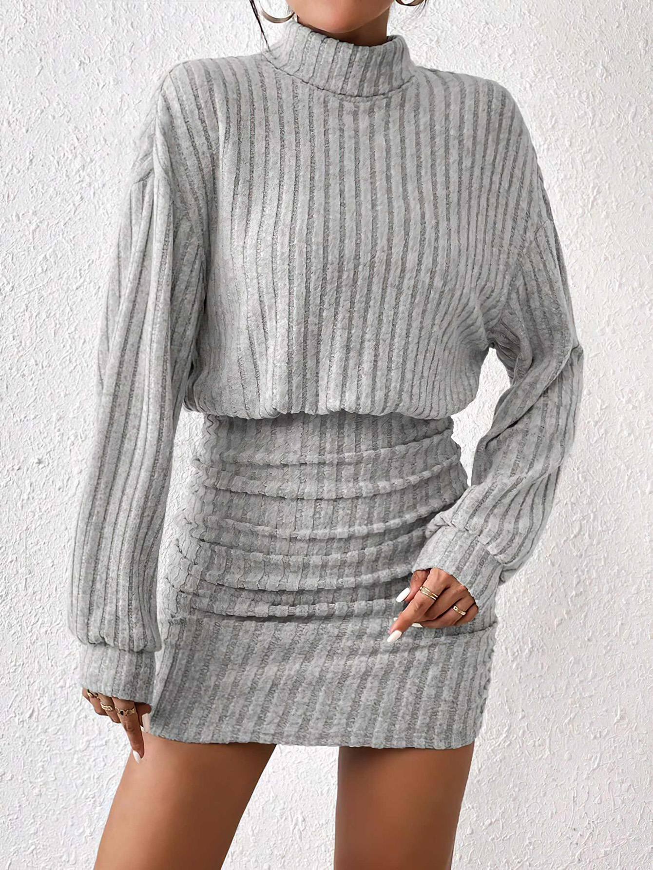 Womens Autumn Winter Fashion, High Neck Knitted Sweater Dress, Casual Solid Loose Long Sleeve, Warm Mid Length Dresses