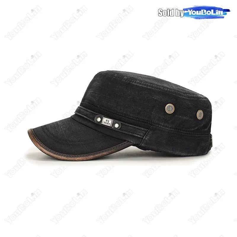 Distressed Washed Cotton Cadet Flat Cap with Leather Binding
