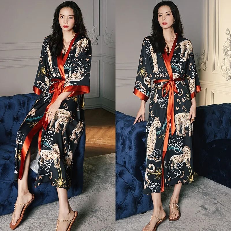New Spring Summer Female Long Robe Set – Sexy Flower Print Kimono & Silk Satin Casual Lounge Wear