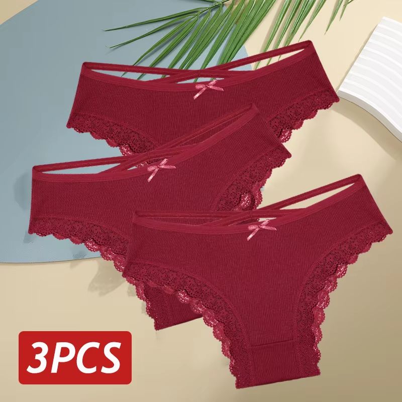 Women's 3-Piece Cotton Low-Rise Lace Brazilian Panties Set Breathable Soft Underwear S-XL