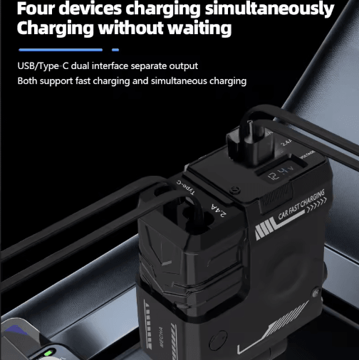 Retractable 4-in-1 Fast Charging Car Charging Cable & Adapter Universal Multi-Device Power Solution