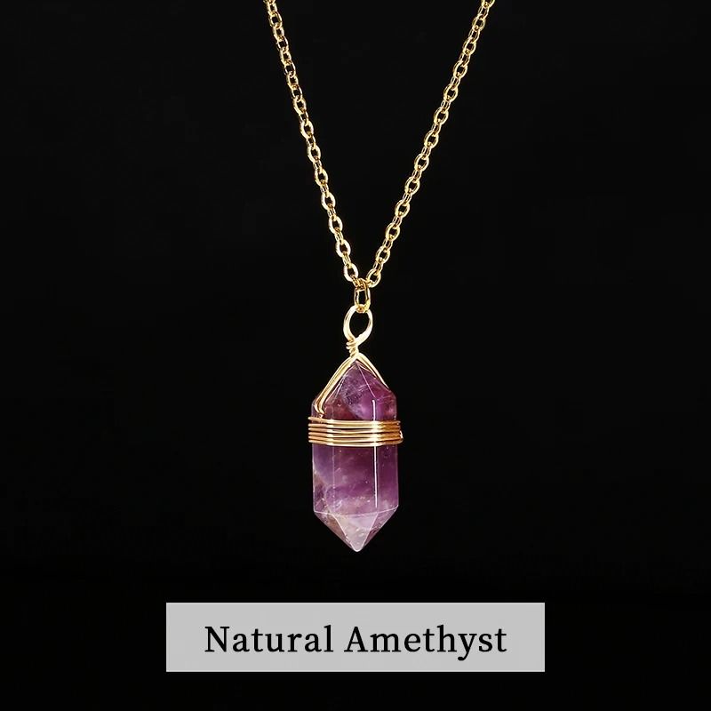 Natural Pink Quartz Amethyst Hexagon Column Pendant Necklace