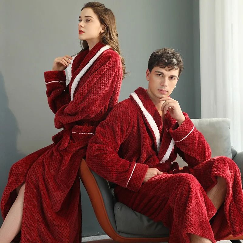 Winter Lovers Thick Flannel Couple Long Bathrobe Set