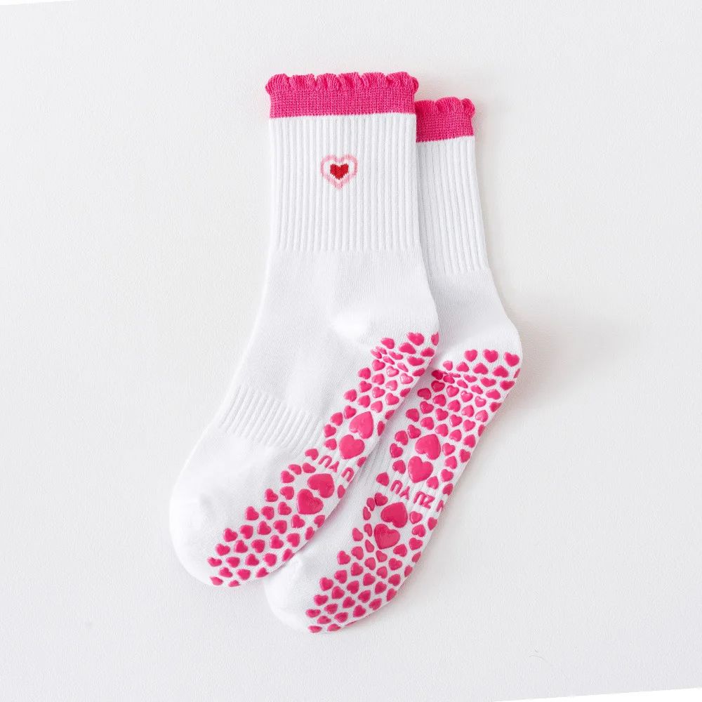 Womens Knitted Embroidered Non-Slip Yoga Socks EU 36–43 – Silicone Grip Pilates & Fitness Mid-Calf Socks