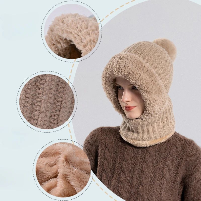 Women's Hooded Knit Balaclava Hat – Winter Velvet Fluffy Ear Protection Neck Warmer