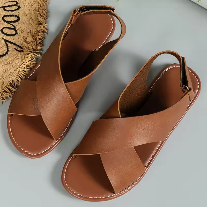 Women Flat PU Leather Sandals Summer Beach Footwear 2025