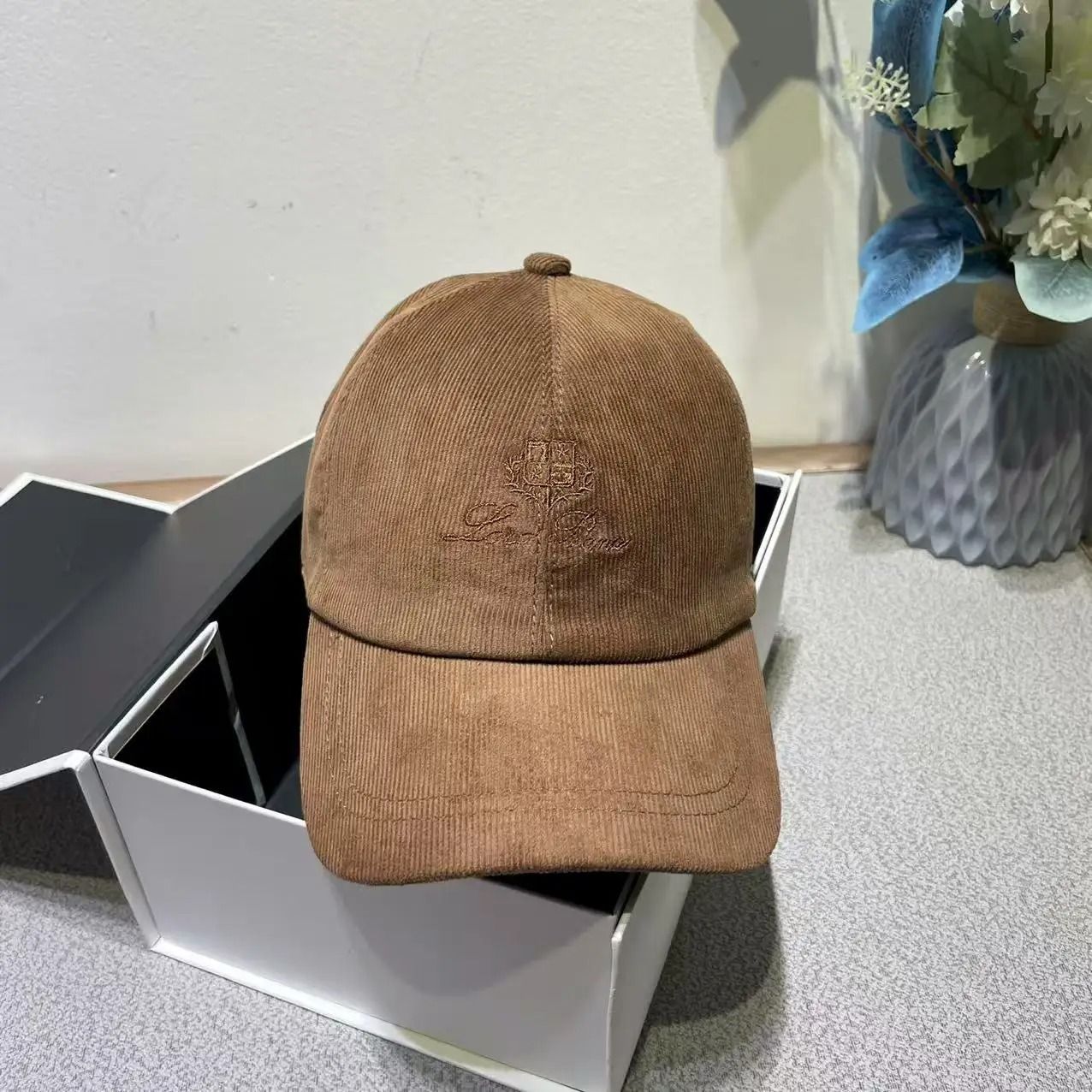 Ribbed Velvet Embroidered Letter Baseball Cap with Adjustable Velcro Fit