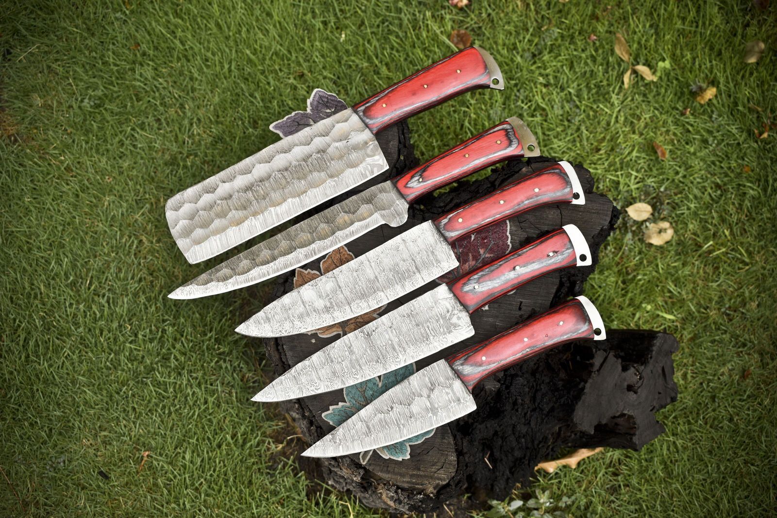 Forged Walnut Handle Twist Damascus Steel Knives | 5-Piece Chef Set