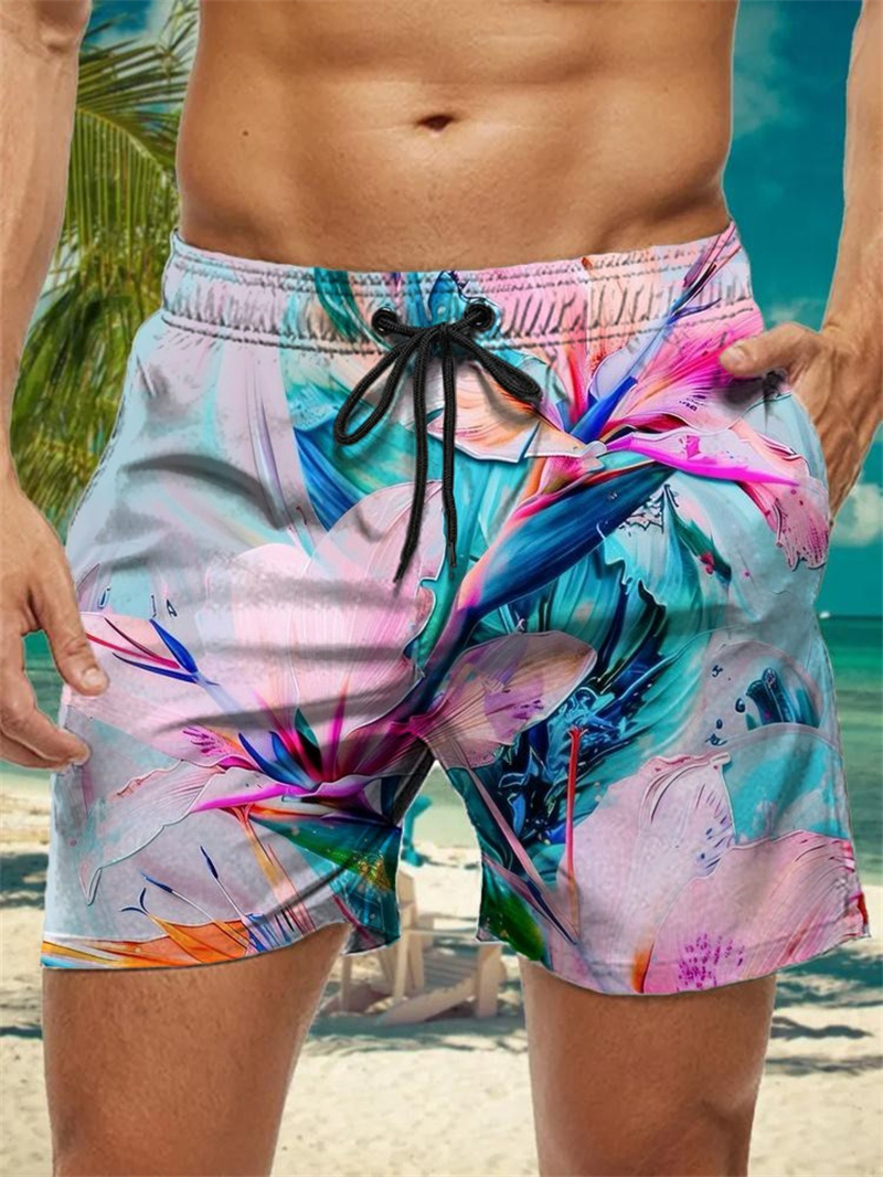 Trendy Floral Graphic Short Pants for Men, 3D Printed Hawaiian Beach Shorts Summer Fashion Vacation Oversized Swim Trunk