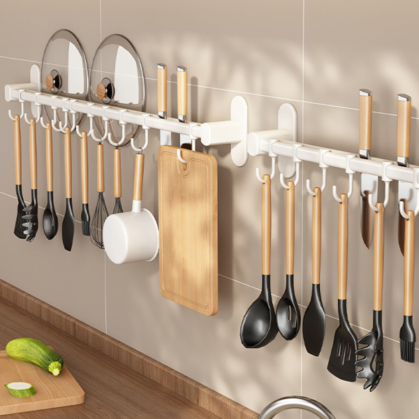Wall Mounted Kitchen Hook Rack, No-Punching Wall Hangers, Rail Kitchen Utensils Rack, Spoon Shovel, Chopping Board