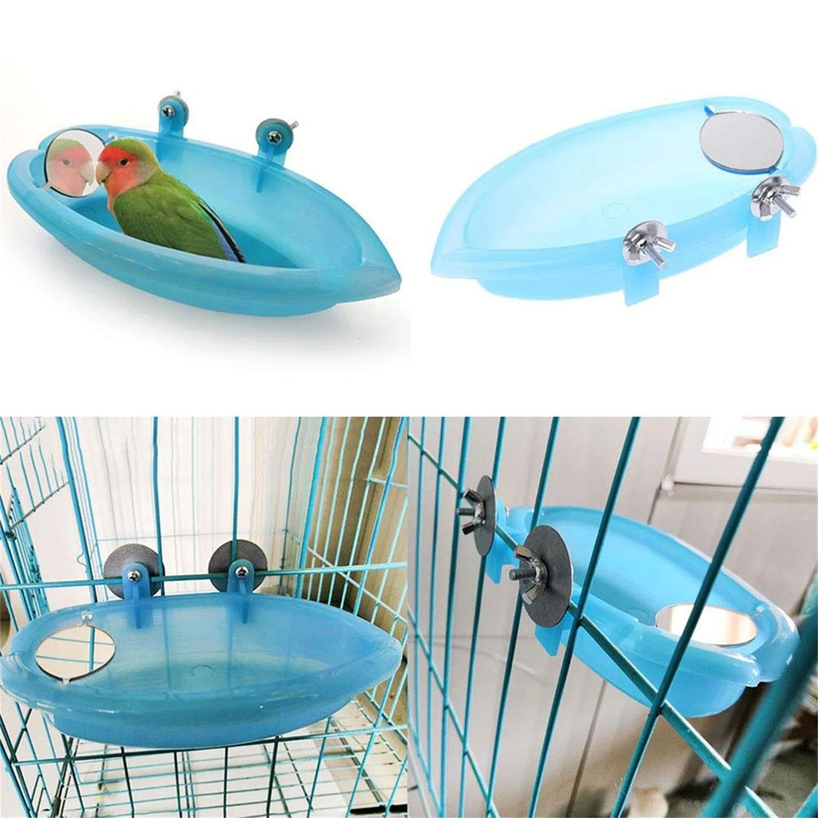 Bird Water Bath Tub for Pet Cages | Hanging Bowl with Integrated Mirror | Professional Parrot & Parakeet Grooming Access