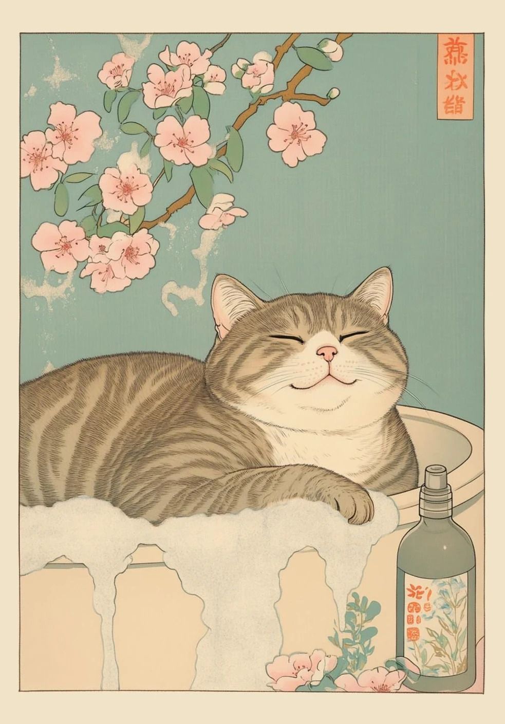 Japanese Tabby Cat in Bathtub | Retro Aesthetic Japandi Canvas Art
