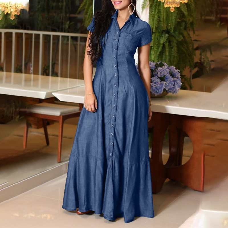Casual Elegant Denim Dress with Long Sleeve Shirt Neck Pocket Large Swing and Single Breasted Design