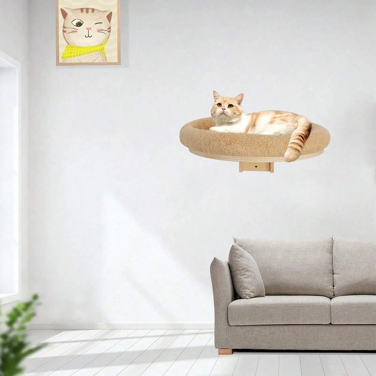 Wall Mounted Wooden Cat Climbing Ladder and Hammock with Scratching Post