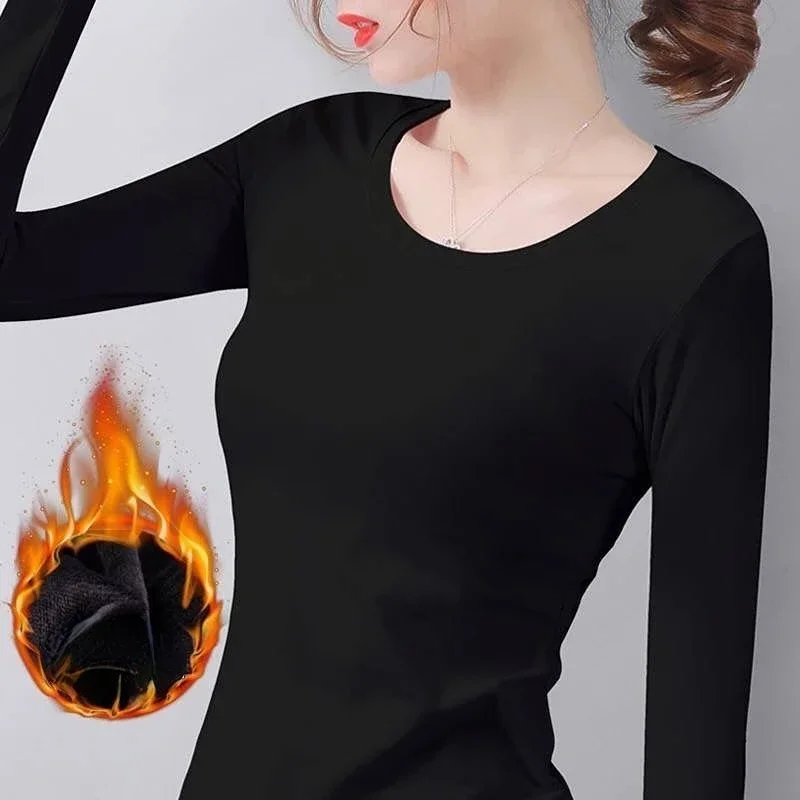Women's Thermal Winter Underwear, Turtleneck Bottom Shirt Solid Semi High Collar Long Sleeve Basic T-Shirt Heating Fiber