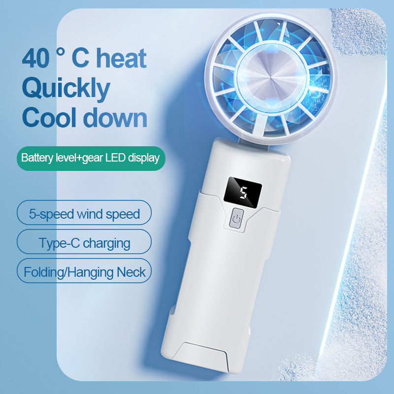 Turbo Handheld Fan with Digital Display USB Rechargeable Foldable & Portable Neck Hanging Mini Fan