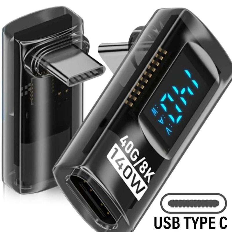 USB C Right Angle Adapter 40Gbps 140W Fast Charging Converter with Digital Display