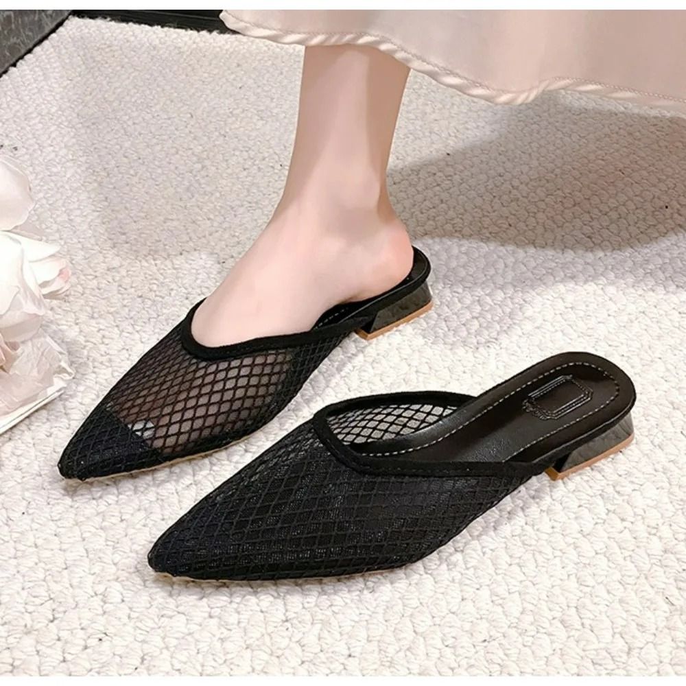 Designer Pointed-Toe Mesh Mules – Elegant Summer Beach Flat Slides