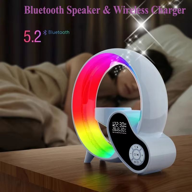 Bluetooth Speaker Digital Alarm Clock with Wireless Charger, Night Light and Mood Lighting