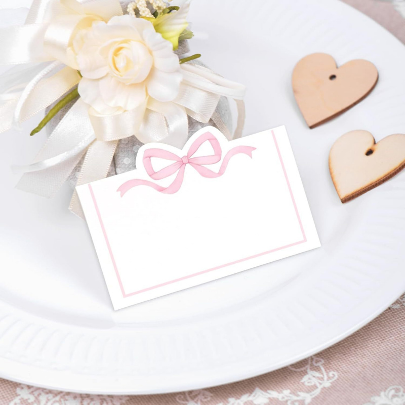 Writable Wedding Guest Name Seat Cards, Pink Bow Seat Card, Birthday Tea Party Table Decor Greeting Card