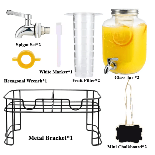 Elegant Glass Drink Dispenser Set 1 Gallon Beverage Dispenser with Stand & Steel Faucet 2 Pack