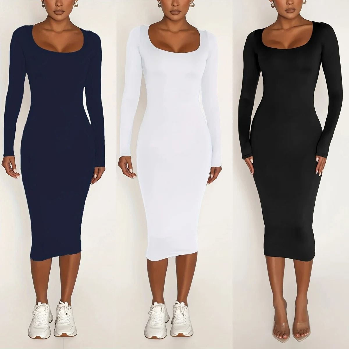 Women's Long Sleeve U-Neck Party Bodycon Midi Jumper Dress Stretch Winter Wrap