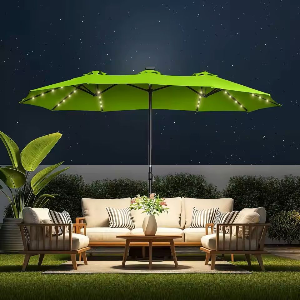 Extra Large Double Sided Patio Umbrella with Solar Lights and Base