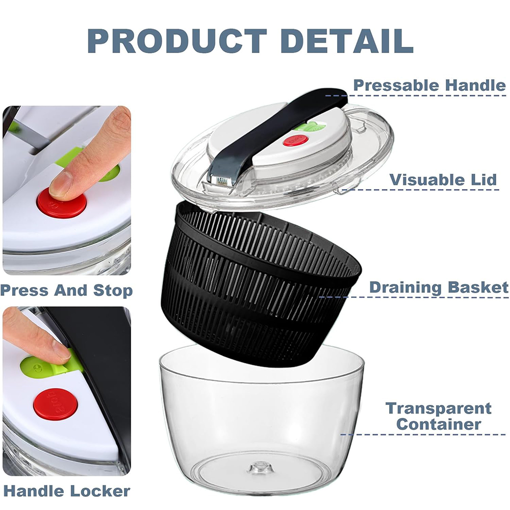 Large Salad Spinner with Lid, One-handed Easy Press Salad Washer, Dryer, Drainer, Mixer